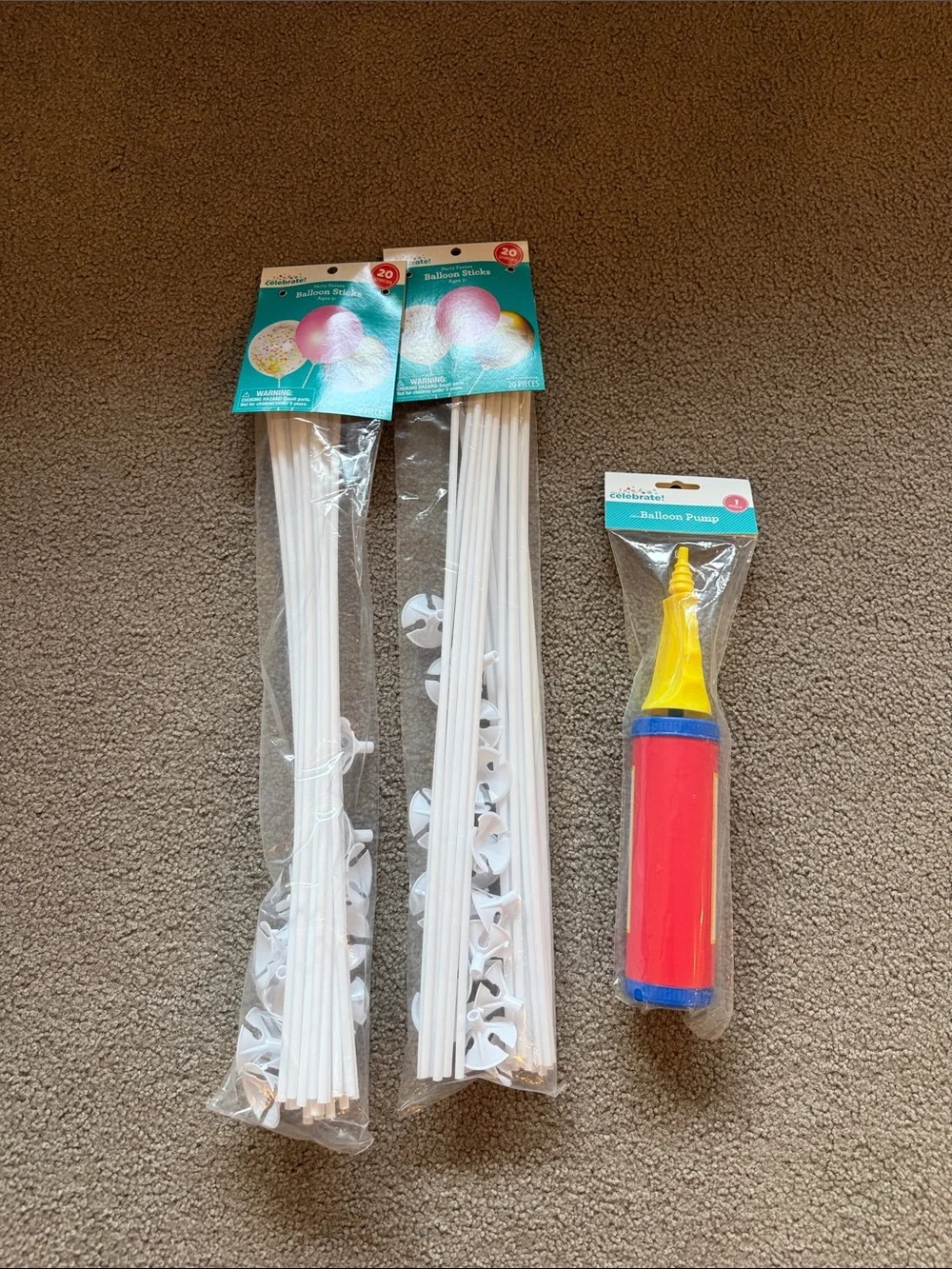 White Balloon Sticks with Red & Yellow Hand Pump - Party Balloon Kit